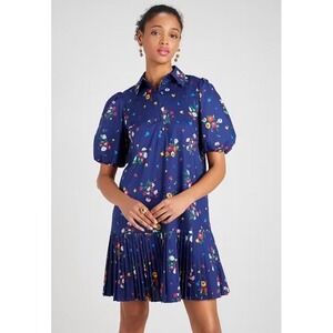 Kate Spade Dress Sz M Bouquet Toss Pleated Lake French Navy Pleated Pockets Work